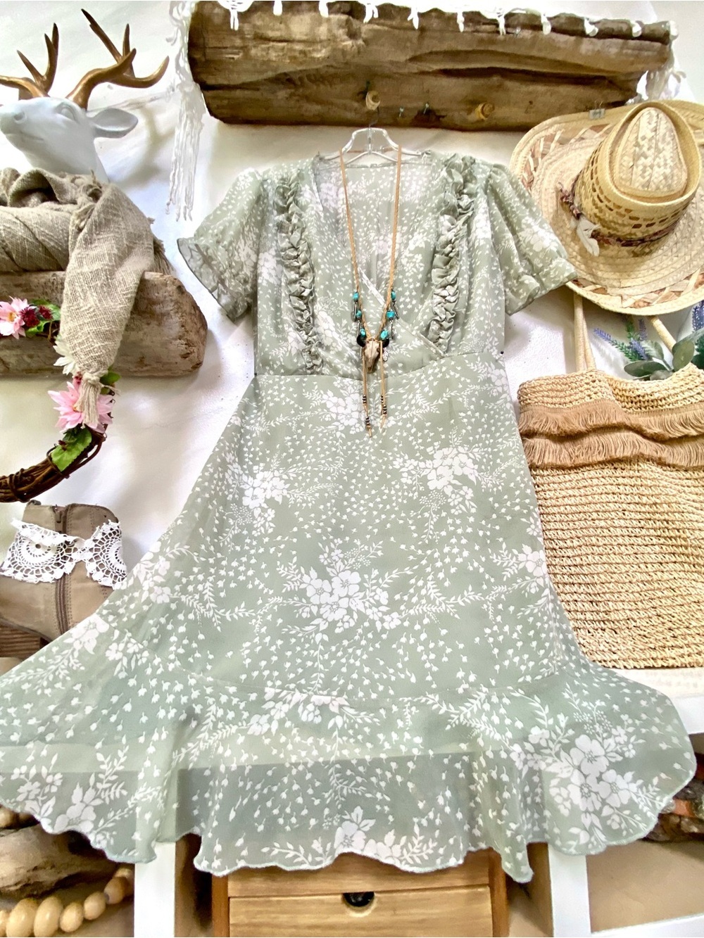 Sweet SAGE green Boho Ruffle V-Neck Floral Dress w cottagecore prairie vibe
